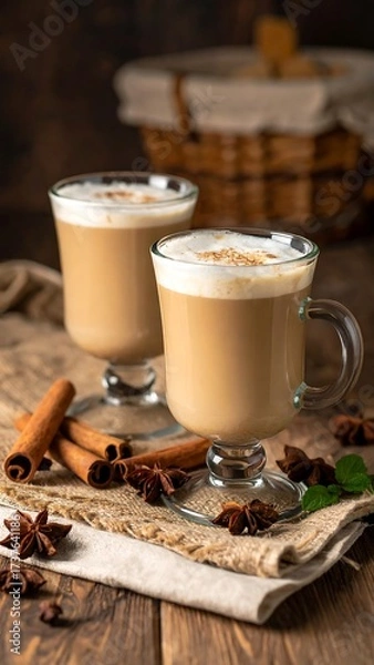 Fototapeta Two glasses of latte with cinnamon and star anise