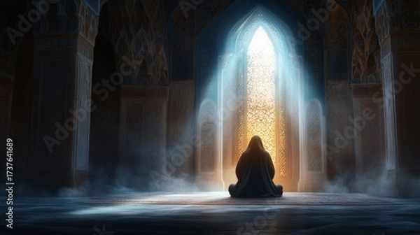 Fototapeta A figure sits in meditation within a serene temple, bathed in warm light from an ornate doorway