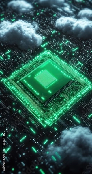 Fototapeta Glowing chip on circuit board with fluffy cloud elements