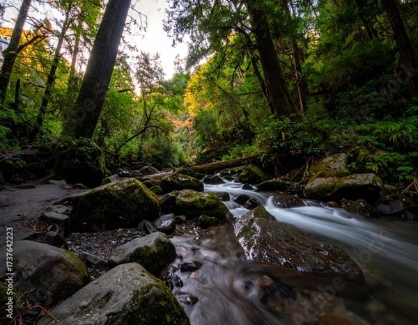 Fototapeta Lush Forest Stream Flowing Over Mossy Rocks