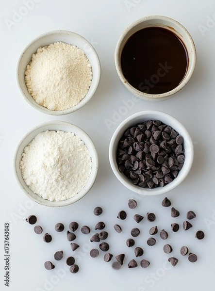 Fototapeta Baking ingredients powders, chocolate chips, and liquid