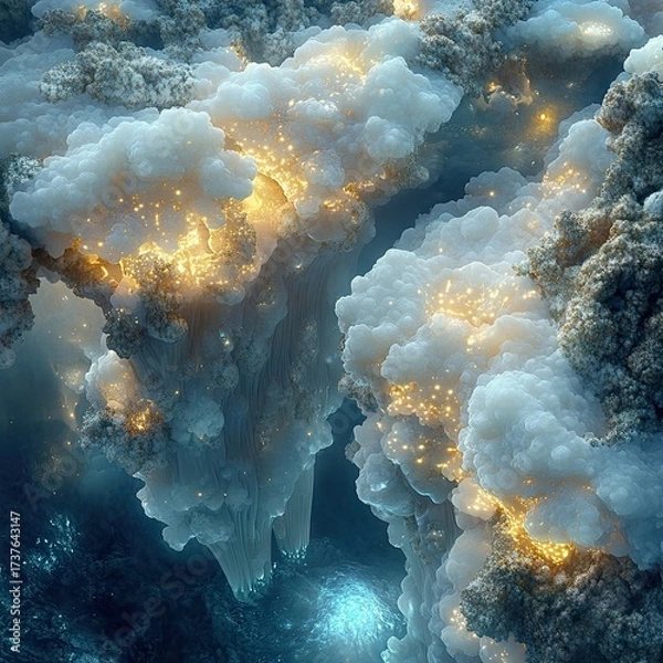 Fototapeta Golden light leaks from puffy cloud clusters above dark abyss