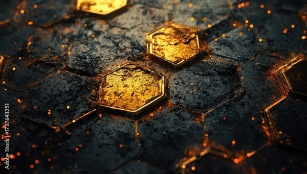 Fototapeta Honeycomb pattern; gold and dark textured, orange specks