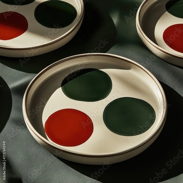 Fototapeta Plates with green & red circles on beige, casting shadows