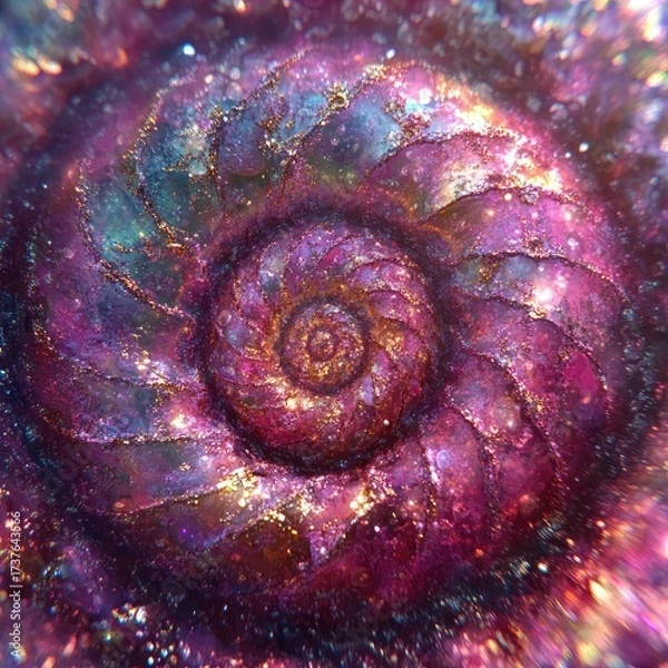 Fototapeta Swirling, textured iridescent spiral with glittering accents