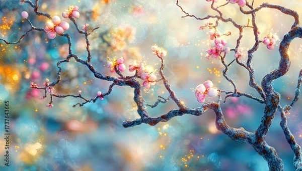 Fototapeta Blossom tree, bokeh. Serene, ethereal, and colorful scene