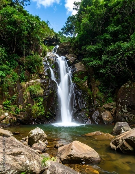 Fototapeta Lush forest waterfall flows over rocks, into pool!