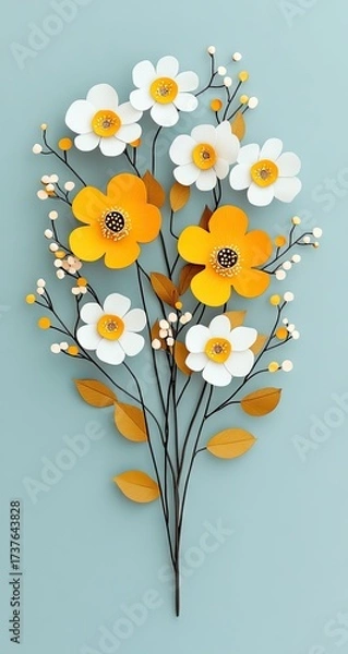 Fototapeta Paper flowers, white & yellow, with delicate berries on blue