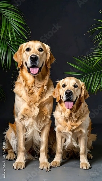Fototapeta Two golden retrievers sit, smiling, in front of palm leaves
