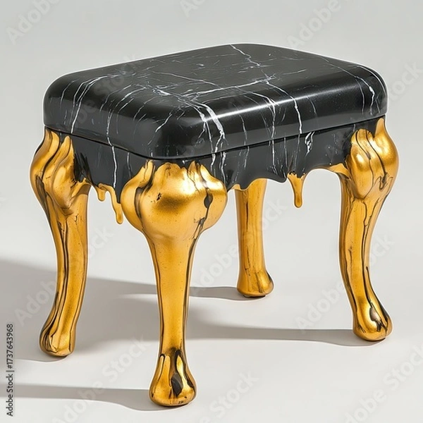 Fototapeta Black marble stool with dripping gold legs, creative design