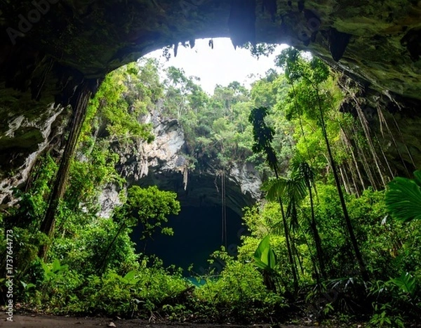 Fototapeta Lush jungle canopy seen from within a cave opening