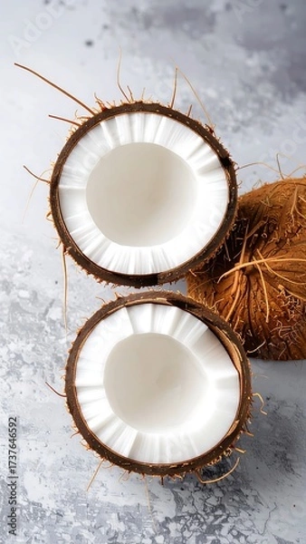 Fototapeta Two halves of a coconut on a speckled surface