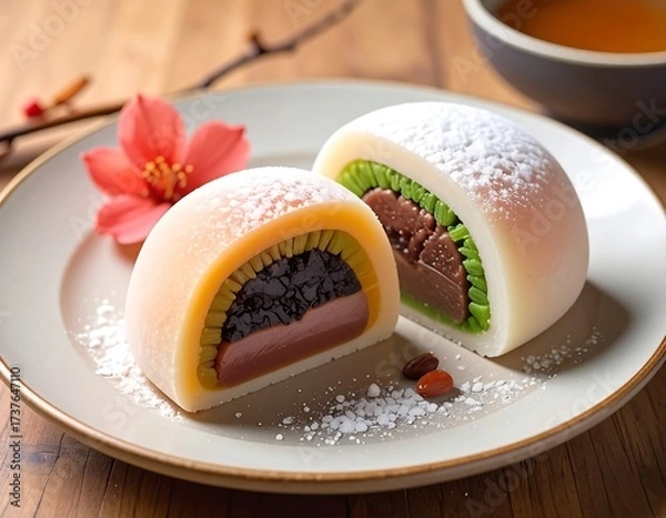 Fototapeta Two halves of a colorful mochi dessert, dusted with powdered sugar