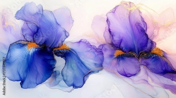 Fototapeta Intricate design showcases stunning blue and purple blooms enriched with black and gold metallic details, capturing elegance and creativity