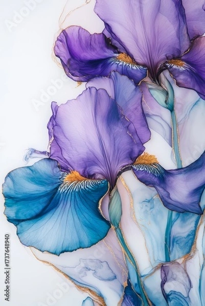 Fototapeta Delicate irises bloom in shades of purple and blue, accentuated by thin metallic lines, showcasing vibrant alcohol ink techniques