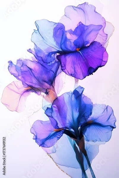 Fototapeta Intricate blue and purple flowers emerge from a fluid alcohol ink composition, showcasing metallic highlights and graceful translucence