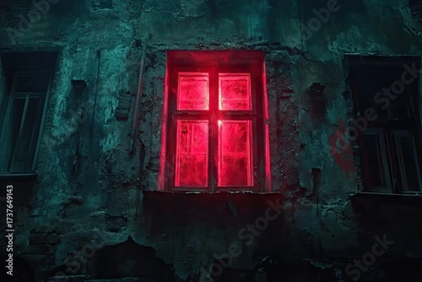 Fototapeta Illuminated red window on old building