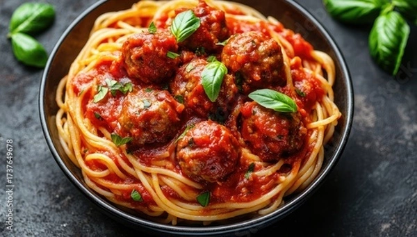 Fototapeta Spaghetti and meatballs with red sauce, basil garnish