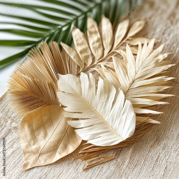 Fototapeta Botanical gold, cream, green leaves on a neutral textile