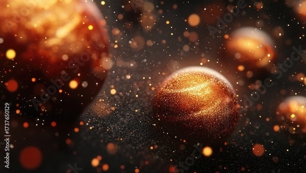 Fototapeta Glimmering orbs and sparkling dust in hazy dark backdrop