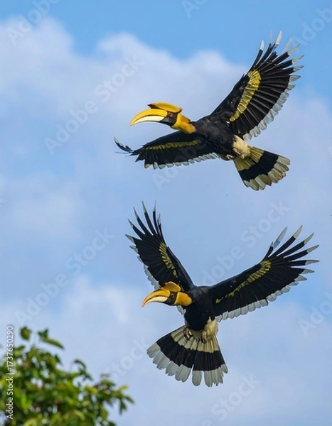 Fototapeta Two hornbills in flight against a partly cloudy sky