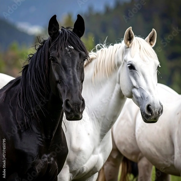 Fototapeta Two horses, black and white, in a field