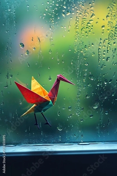 Fototapeta Origami bird on rainy window pane, blurred greenery backdrop