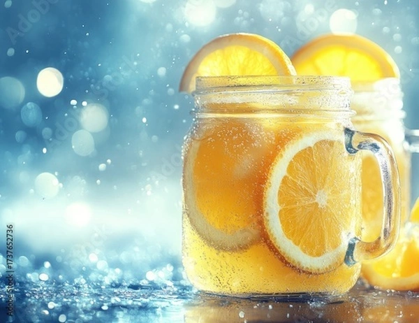 Fototapeta Orange drink in jars, bright bokeh & sparkly background