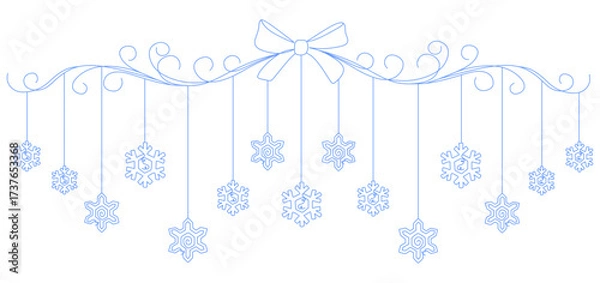 Fototapeta A minimalist line art illustration of Christmas decorations with hanging snowflakes and a large bow in the center. The design is created in a continuous blue line style, giving it an elegant 