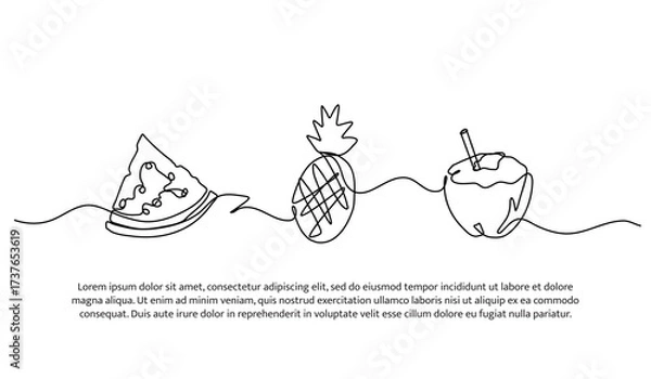 Obraz Continuous line design of watermelon,pineapple and coconut on the beach. Single line decorative element drawn on