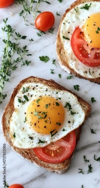 Fototapeta Toasted bread with fried egg, tomato, and herbs