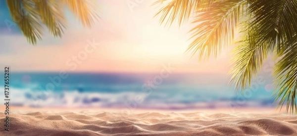 Fototapeta Tropical Beach Background with Palm Trees and Golden Sand.