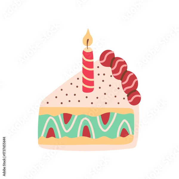 Fototapeta Slice of cake with single candle and pink frosting, green filling, red decorations, isolated on white background. Happy Birthday card. Vector illustration, hand drawn, flat, doodle design