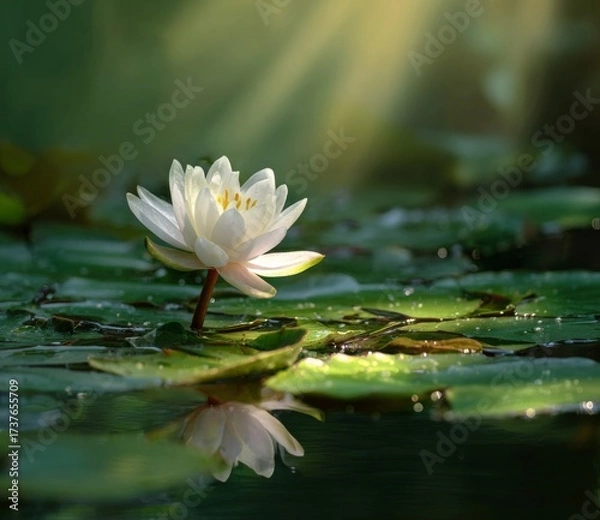 Fototapeta White Water Lily Floating on Pond with Reflection.
