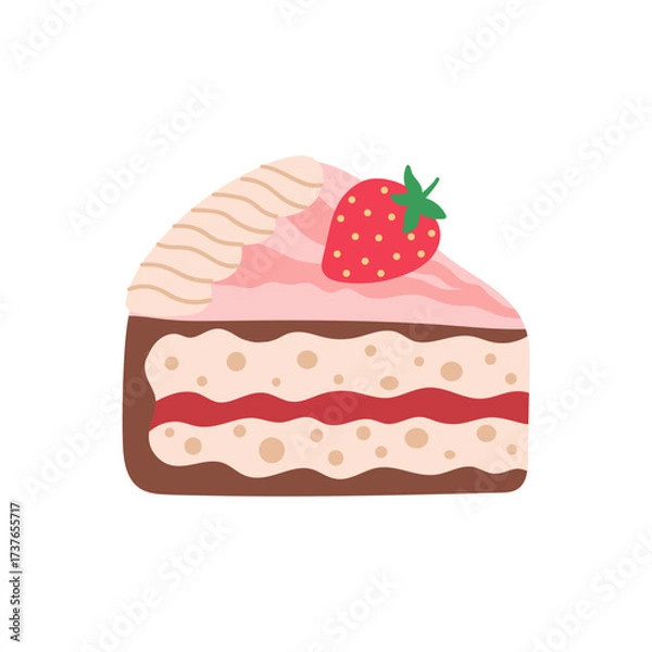 Fototapeta Slice of strawberry cake. Pink frosting, red strawberry, cream layers, chocolate sponge. Dessert theme. Happy Birthday card. Vector illustration, hand drawn, flat, doodle design