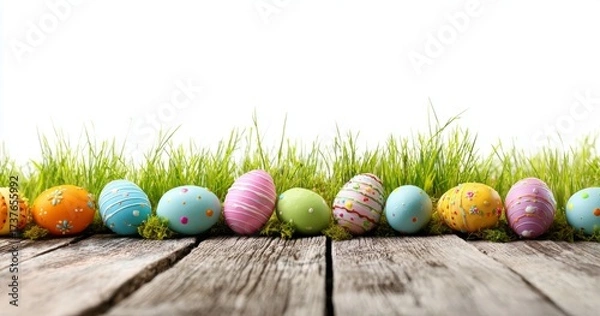 Fototapeta Colorful Easter Eggs on Wooden Surface with Grass