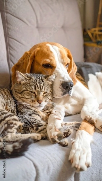 Fototapeta Two pets cuddling on a couch