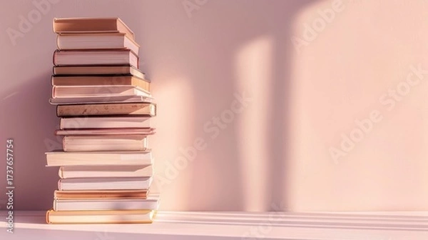 Fototapeta Stack of books on minimalist background. Clean aesthetic concept for reading and education.