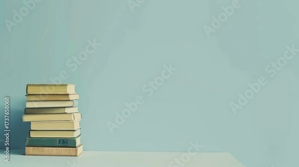 Fototapeta Stack of books on minimalist background. Clean aesthetic concept for reading and education.