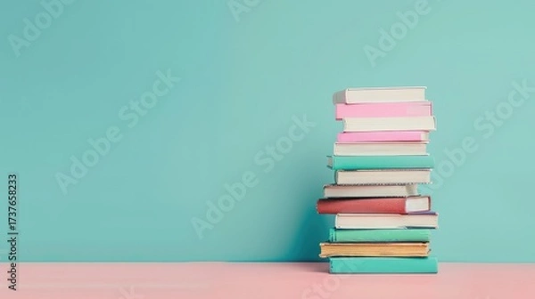 Fototapeta Stack of books on minimalist background. Clean aesthetic concept for reading and education.