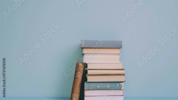 Fototapeta Stack of books on minimalist background. Clean aesthetic concept for reading and education.