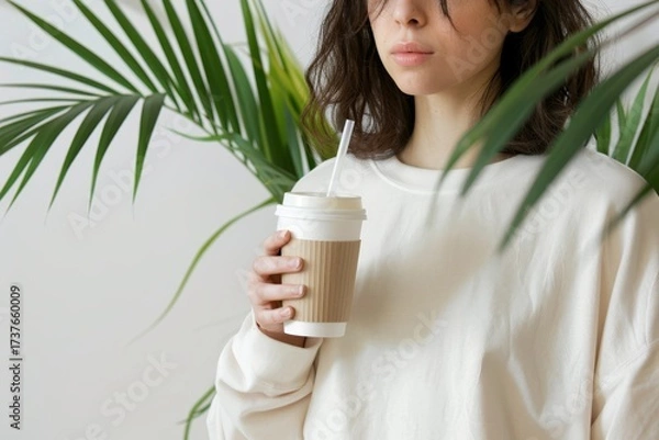Fototapeta A woman gently holds a plain brown cup, possibly filled with a warm beverage, while standing amidst lush greenery indoors