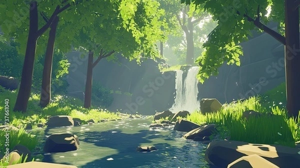 Fototapeta Lush forest stream scene with waterfall