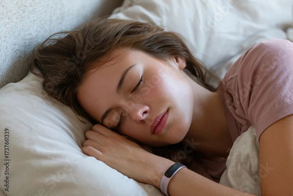 Fototapeta Sleep quality as a key indicator of human health. A smart bracelet on a sleeping girl's wrist.