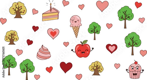 Fototapeta Vector art of cute cartoon apple, cake, ice cream, cupcake, heart, and tree for valentines day or birthday card design