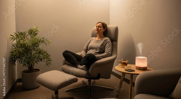 Obraz Serene workplace wellness room featuring relaxed employee seated in comfortable chair, promoting mental health and wellbeing. diffuser and tea enhance calming atmosphere, boosting productivity