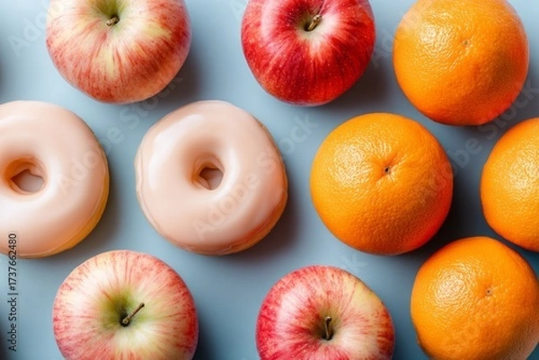 Fototapeta A blue background with a variety of fruits including apples, oranges