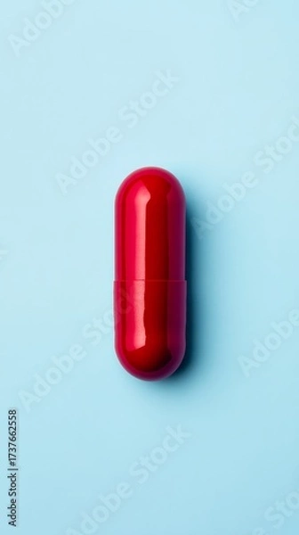 Fototapeta A bright red capsule rests flat against a smooth light blue backdrop, highlighting its glossy texture and simple shape