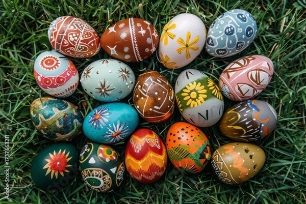 Fototapeta A cheerful display of decorated Easter eggs set against a lush green lawn, symbolizing seasonal joy and creative expression