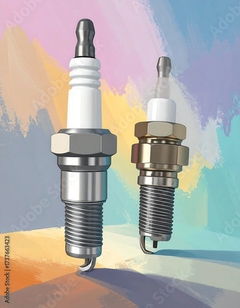 Fototapeta Two spark plugs rendered realistically on a colorful abstract background